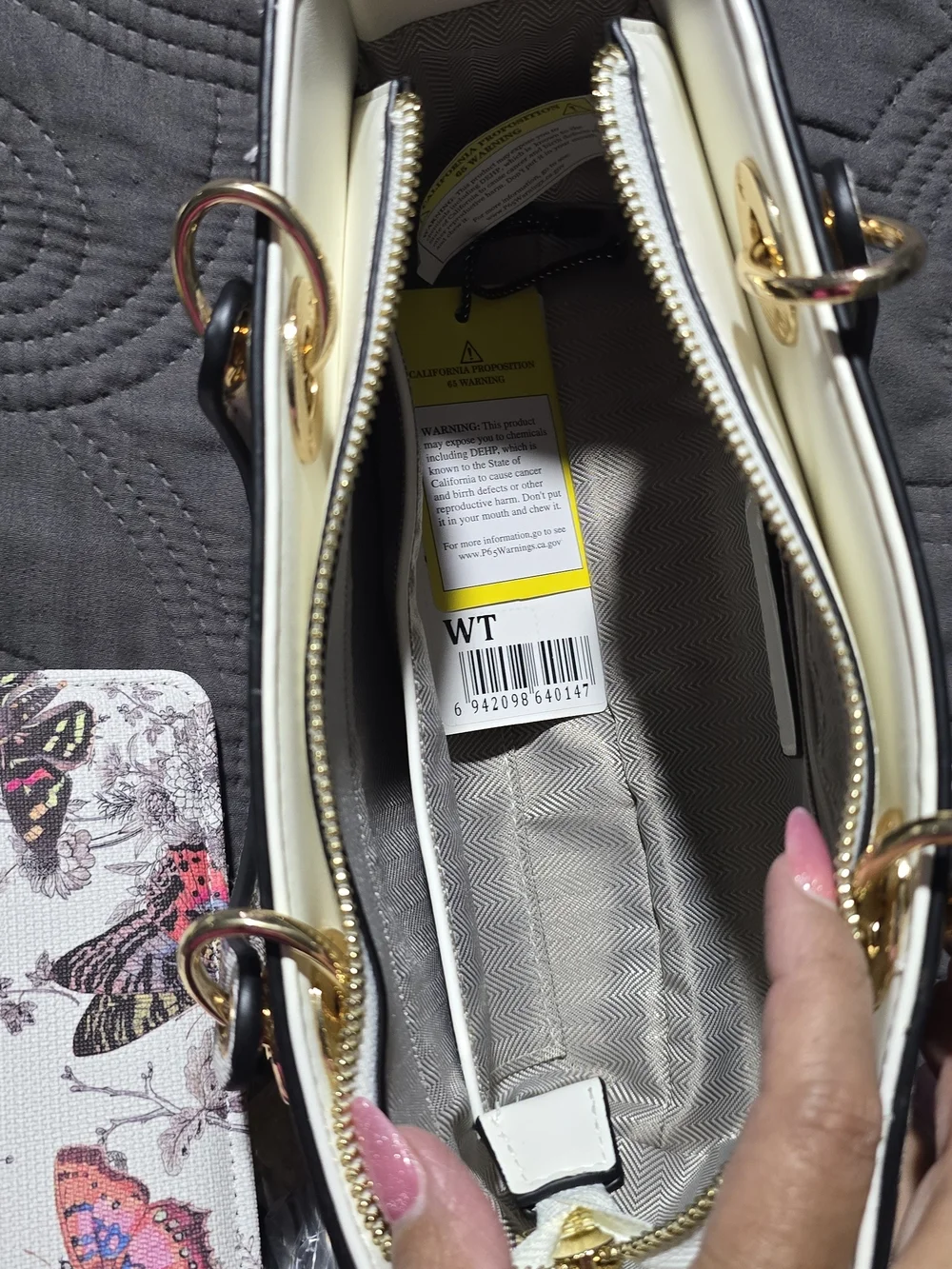 Butterfly Print White Top-Handle Bag